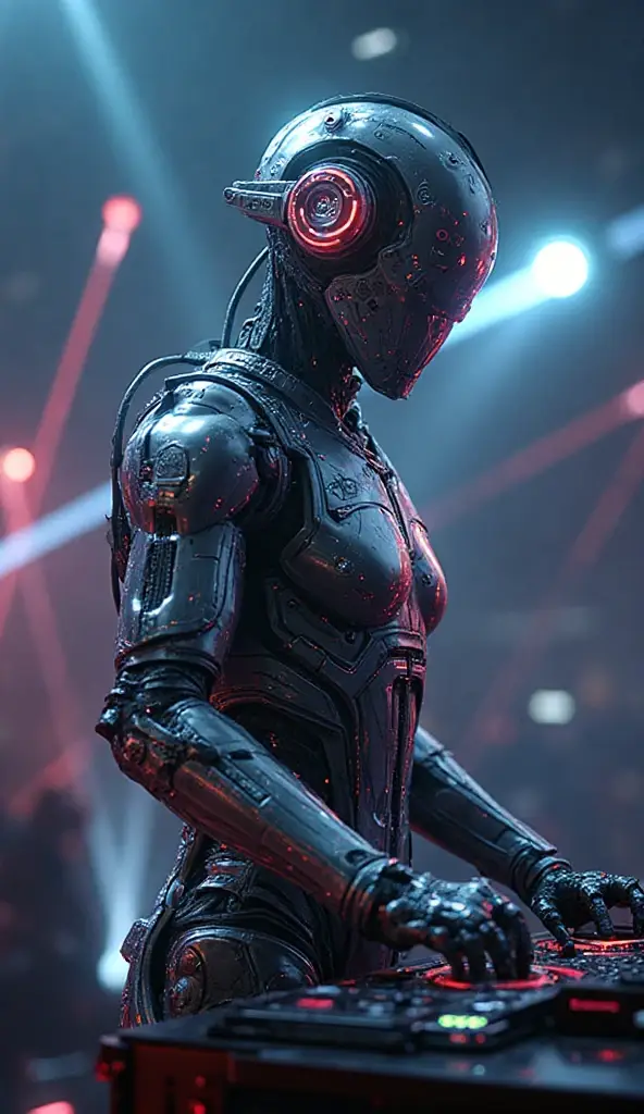 Robotic DJ Alok with silver armor suit