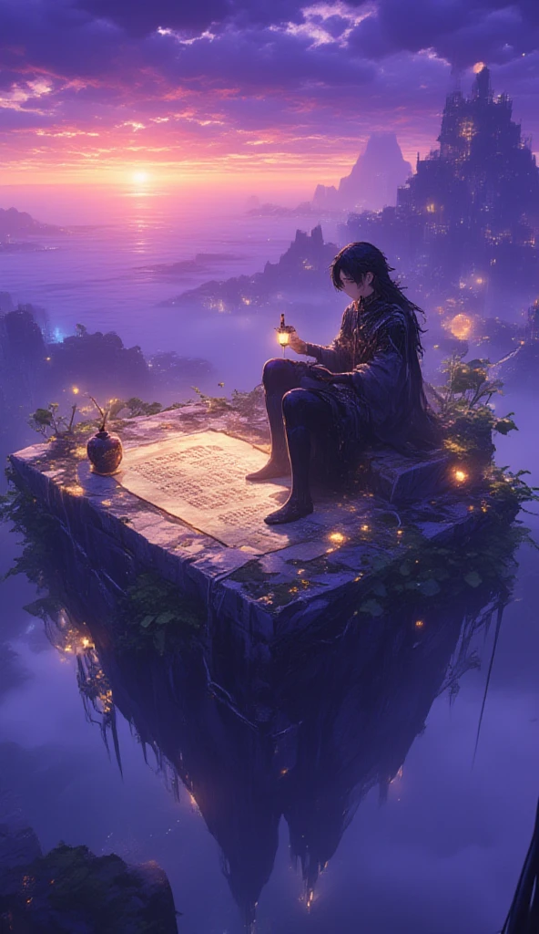 On a floating island at twilight