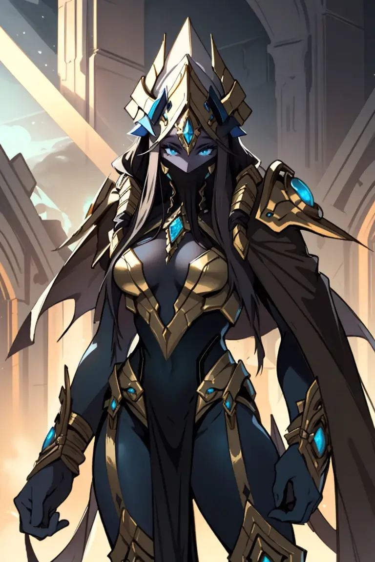 A portrait of a Protoss noblewoman, standing with dignity between memory and transformation. She wears a futuristic one-piece swimsuit seamlessly combined with ornate Protoss ceremonial armor pieces — shoulder guards, energy-lined accents, and subtle psionic inscriptions. The sleek swimwear contrasts with the angular elegance of Protoss design, creating an aura of both strength and refinement. Her skin glows faintly with golden psionic tattoos, and delicate blade-mark scars from Nerazim discipline are etched with pride, not shame. One side of her face catches a cold golden light, the other fades into a violet shadow, highlighting her sharp eyes and noble features. Her headcrest bears a faint psionic glow, and from her gaze emanates quiet vengeance, tactical elegance, and timeless aristocratic presence. Background: a minimalist Protoss architectural structure, ancient yet illuminated with restrained light. The portrait exudes majesty, discipline, and the duality of heritage and transformation. 