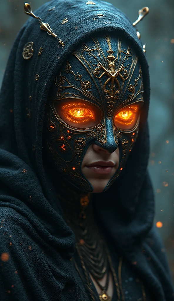 A sorceress wearing a mystical mask adorned with glowing runes and ancient symbo