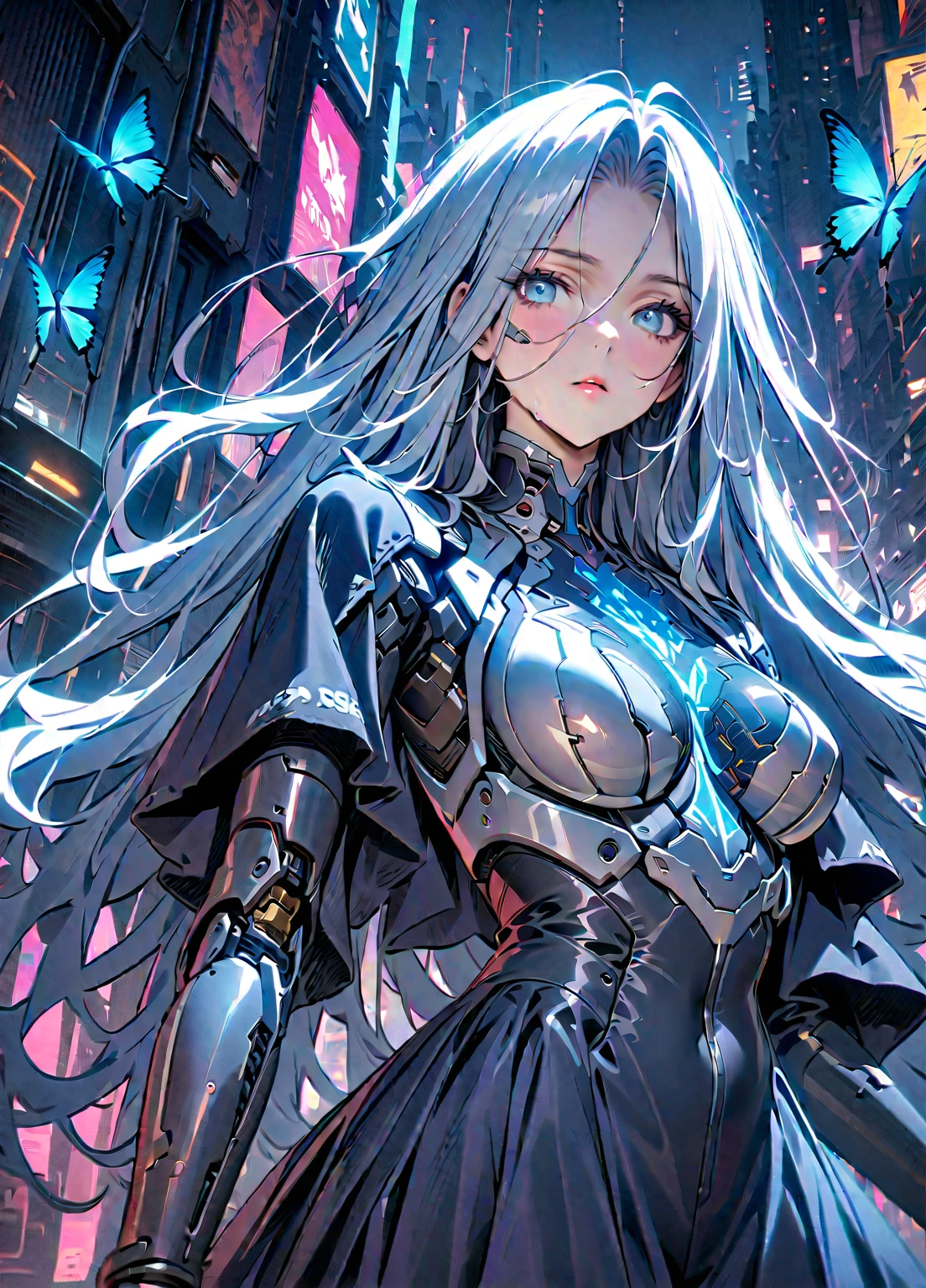 Anime girl with long white hair and blue eyes in a city
