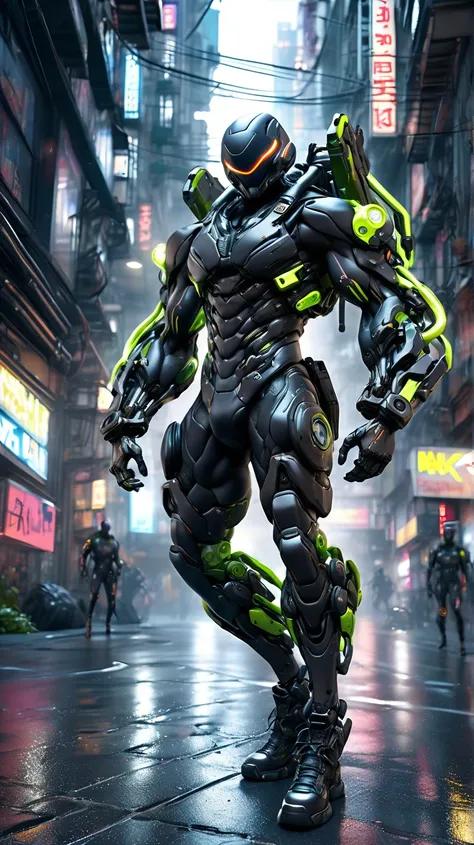 A tight black combat suit, detailed muscle definition, highly reflective