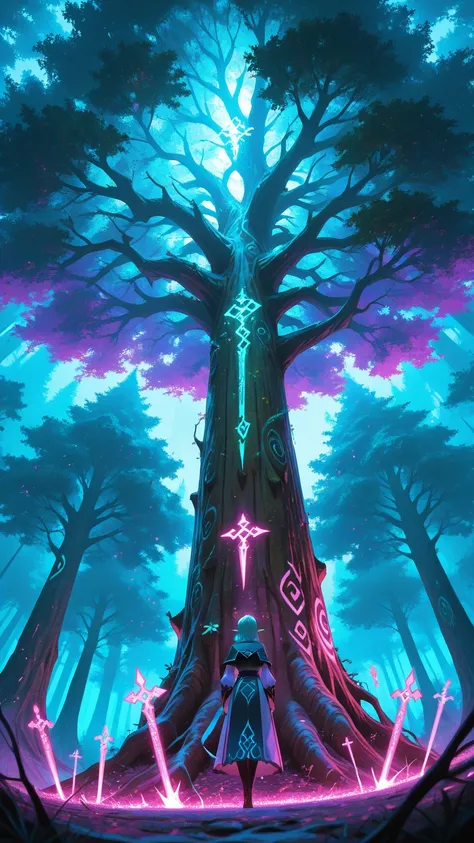 Deep forest, magical forest, one tiny elf looking up a majestic massive magical