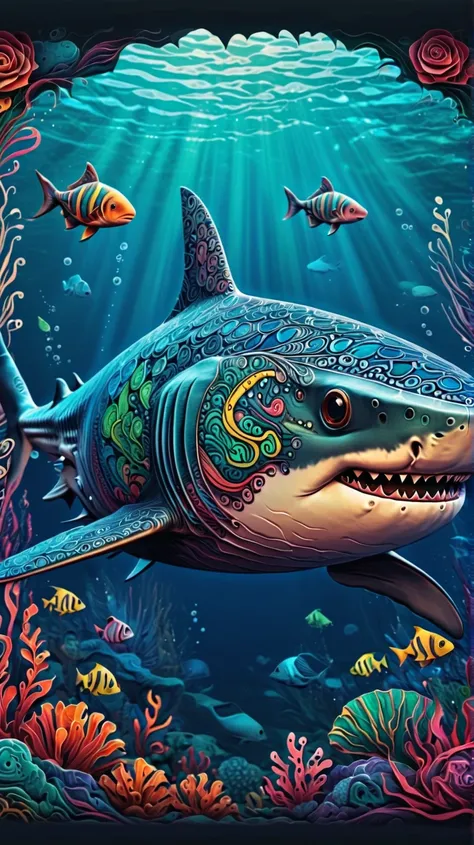 best quality, highres, ultra sharp), magical ,cute shark, in the ocean