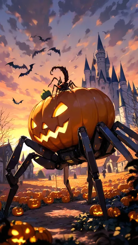 In the foreground a mecha tarantula with a large pumpkin on its back