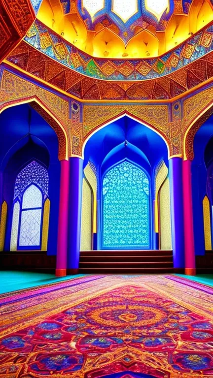 A close up of a room with many windows and a carpet, magical colours and atmosph